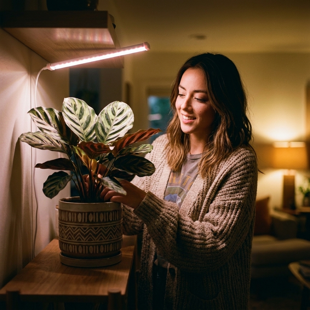 A Calathea in a ceramic pot on a shelf under a slim LED grow light bar, warm indoor evening scene