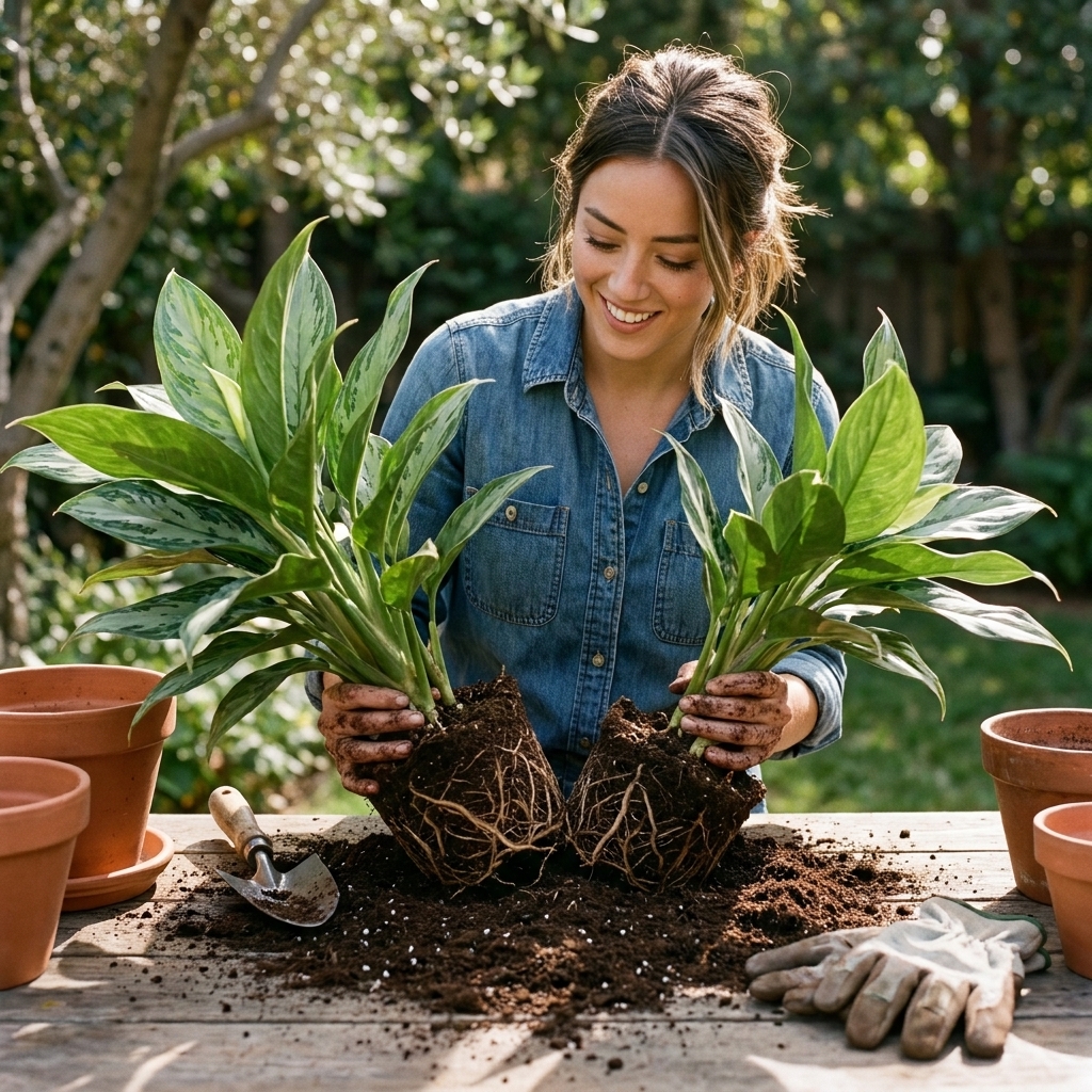 A Chinese evergreen plant being divided into two rooted clumps on a potting bench with loose soil