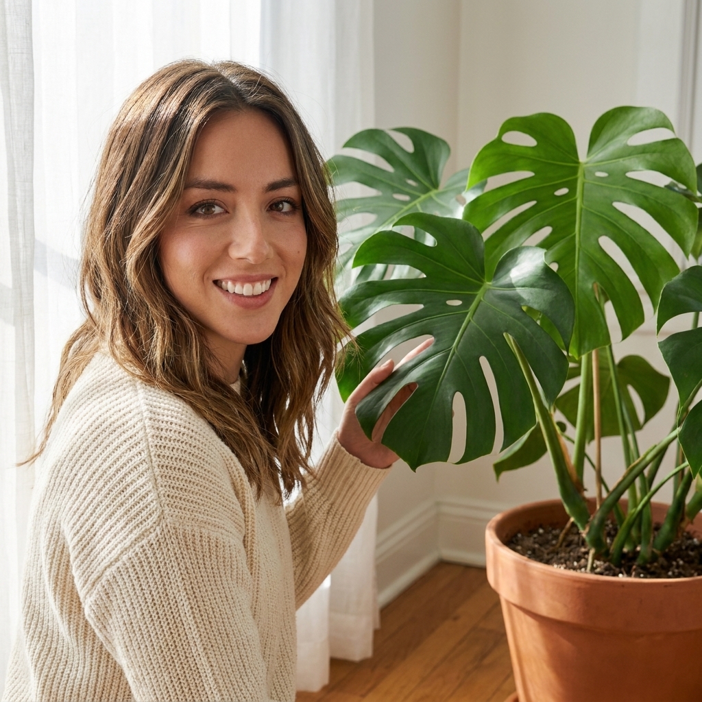 A Monstera deliciosa positioned a few feet back from a bright window with a sheer curtain, receiving strong indirect daylight