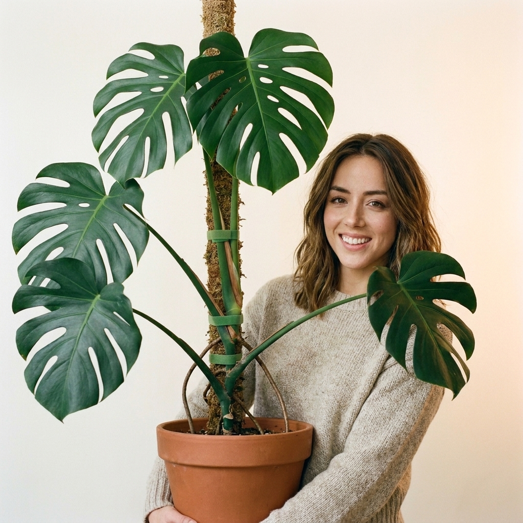 A Monstera deliciosa trained upright on a moss pole with soft plant ties, showing thick stems and several fenestrated leaves