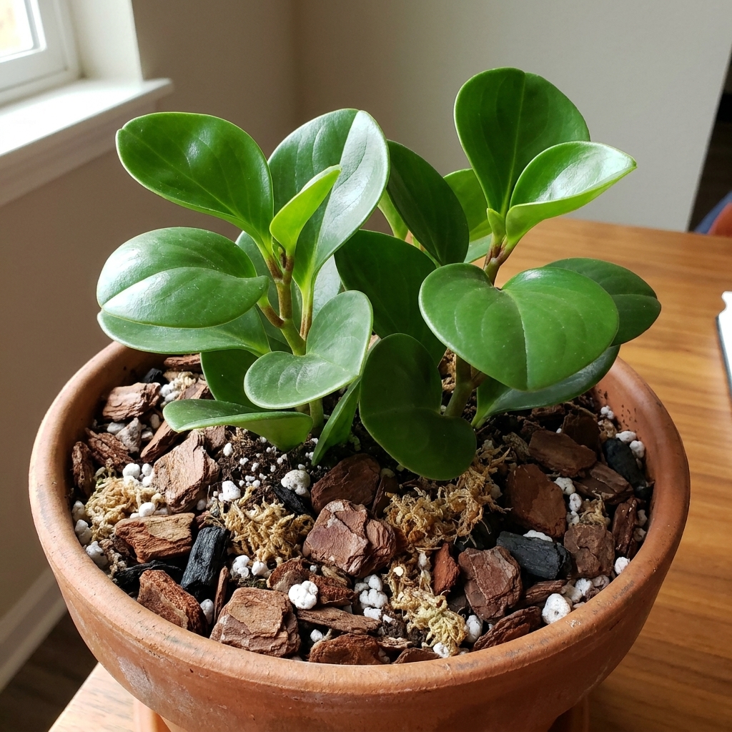 A Peperomia obtusifolia planted in a terracotta pot with a chunky, airy potting mix visible on the soil surface