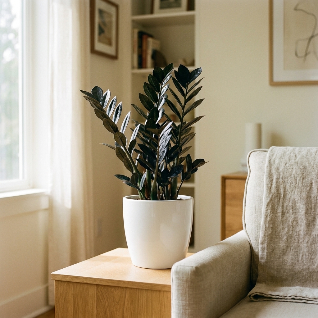 A Raven ZZ plant with nearly black leaves standing upright in a modern white pot in a living room with soft indirect light