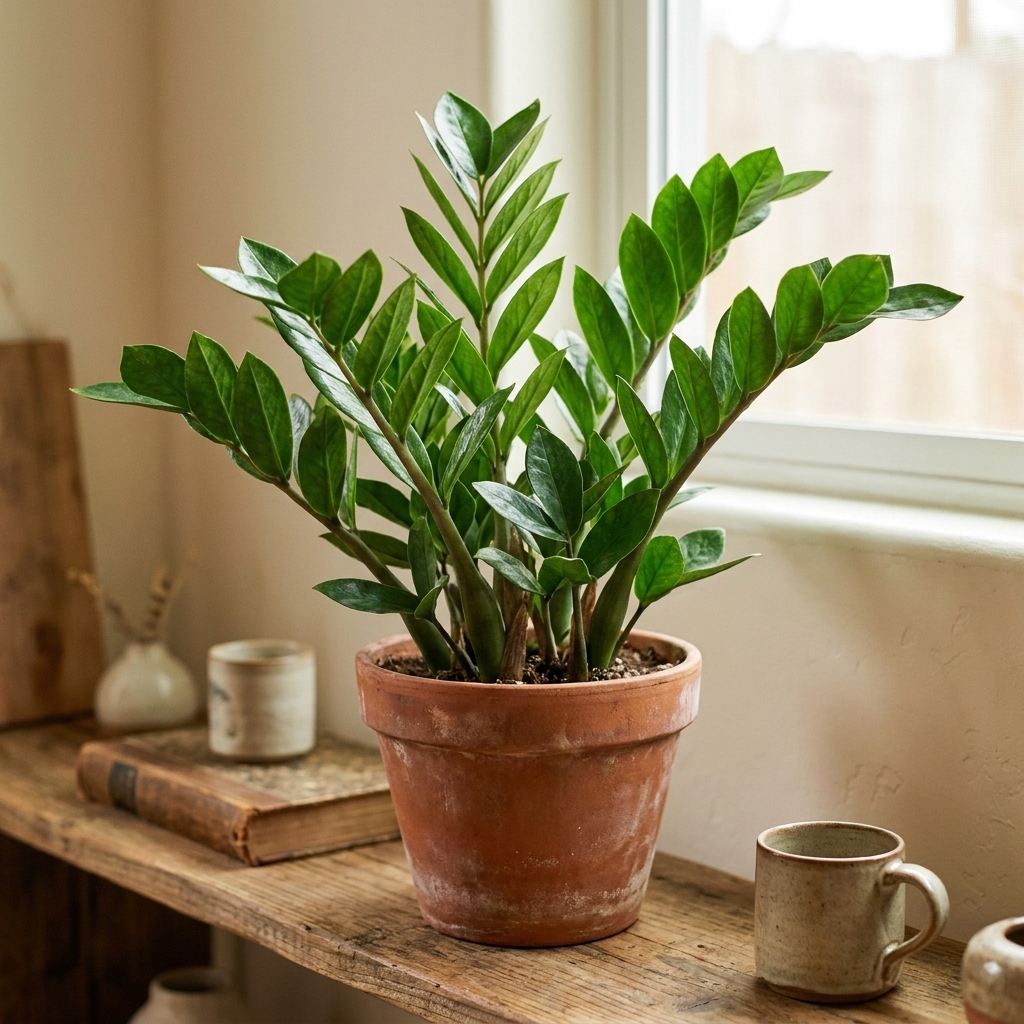 A classic green ZZ plant with shiny leaflets in a terracotta pot on an indoor shelf in indirect light
