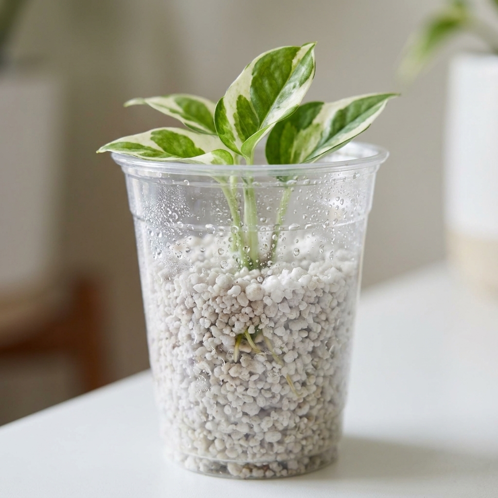 A clear plastic cup filled with damp perlite holding a small pothos cutting upright, with condensation on the cup and tiny new roots visible