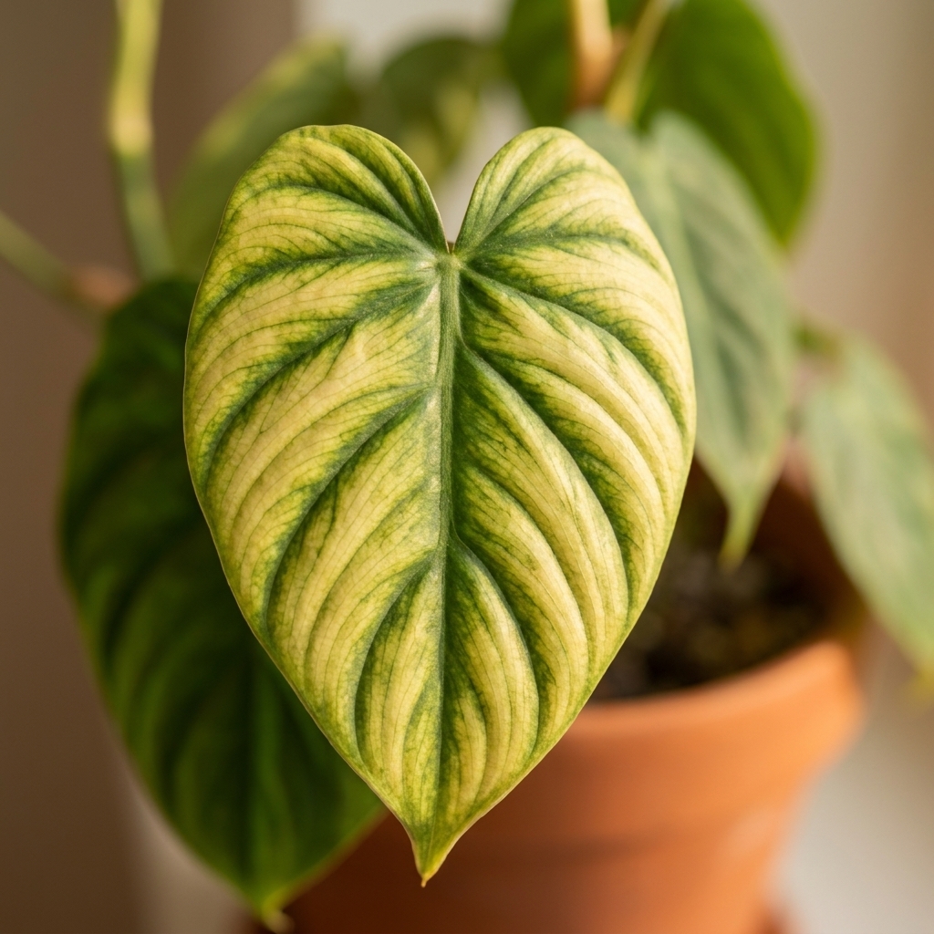 A close-up of a green houseplant leaf showing interveinal yellowing where the tissue between veins is pale while the veins remain greener