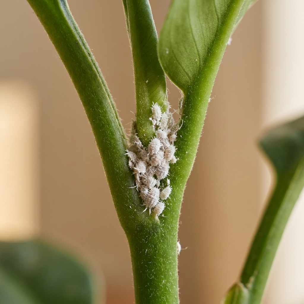 A close-up of a houseplant stem with visible white cottony mealybugs clustered near a leaf node