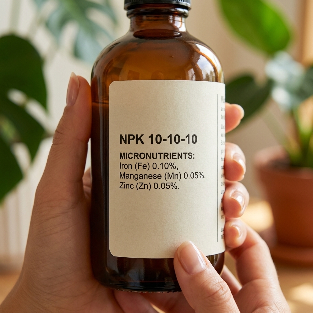 A close-up photo of a houseplant fertilizer bottle label showing the NPK numbers and a micronutrient list on the back