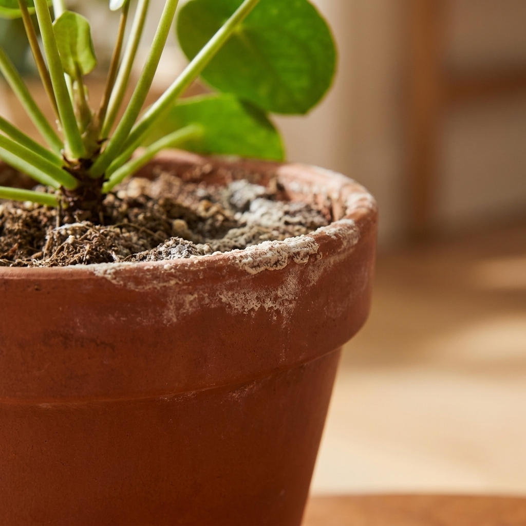 A close-up photo of a houseplant pot with a visible white mineral crust on the soil surface near the rim