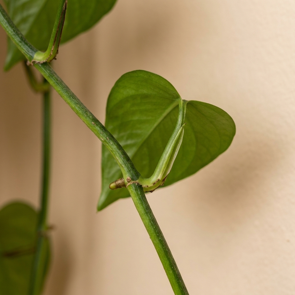 A close-up photo of a pothos vine showing a clear leaf node and a small aerial root nub on the stem
