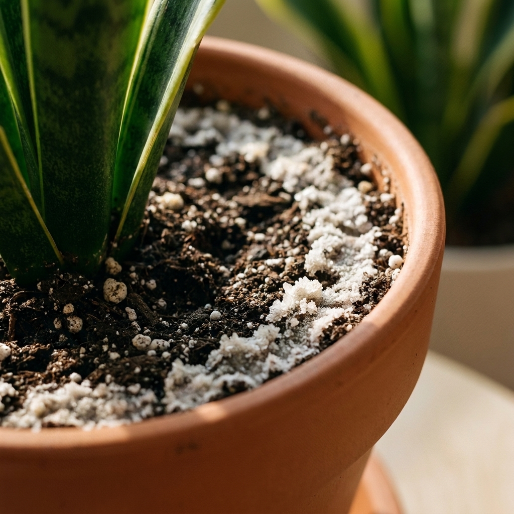 A close-up view of a potted houseplant where a white mineral crust has formed on the top of the potting soil near the rim of the pot