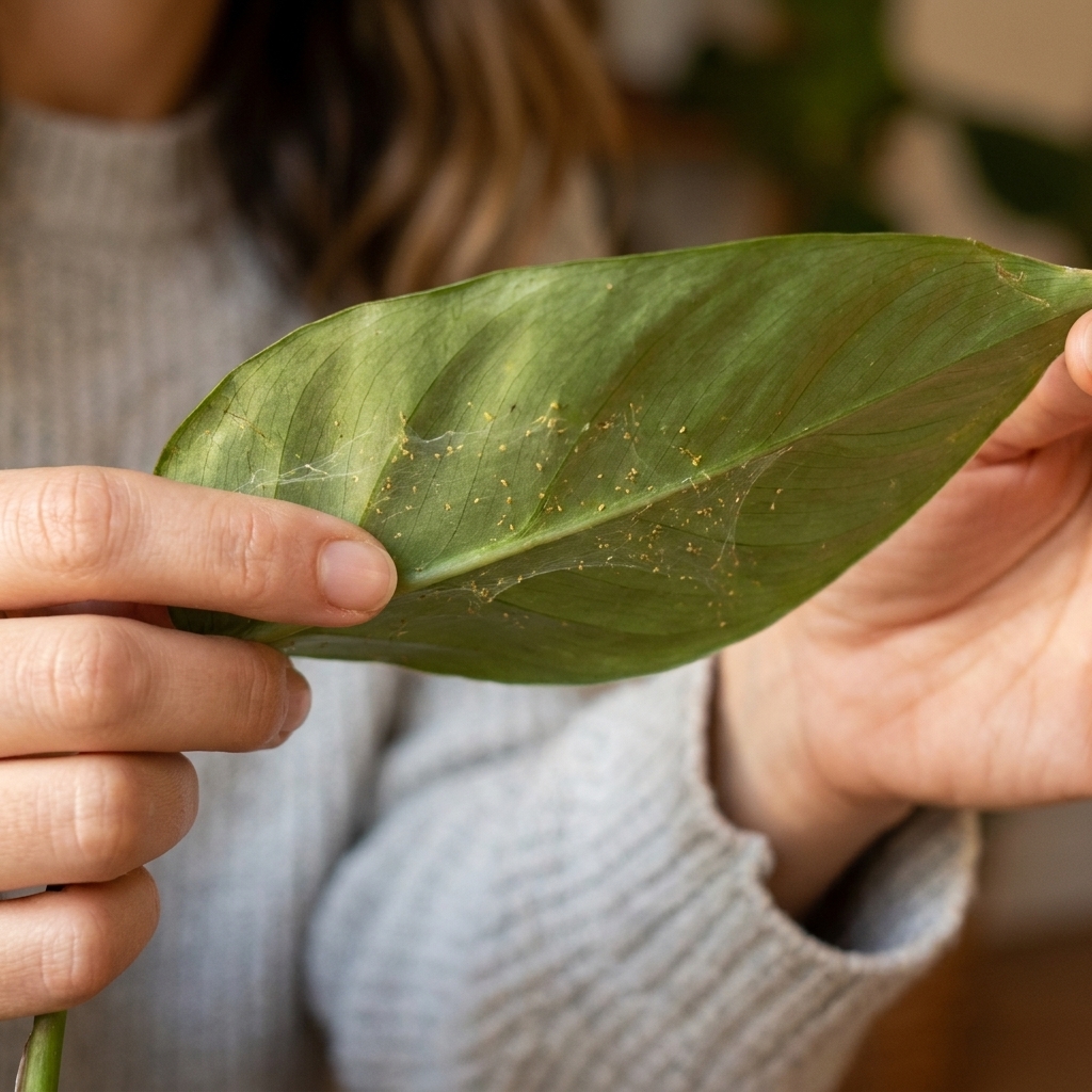 A close-up view of houseplant leaves showing fine webbing and tiny speckling consistent with spider mites on the underside of a leaf