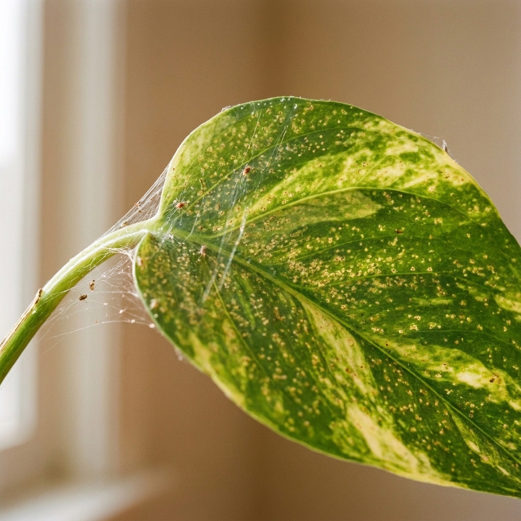 A close view of a houseplant leaf showing fine webbing and tiny speckles consistent with spider mite damage