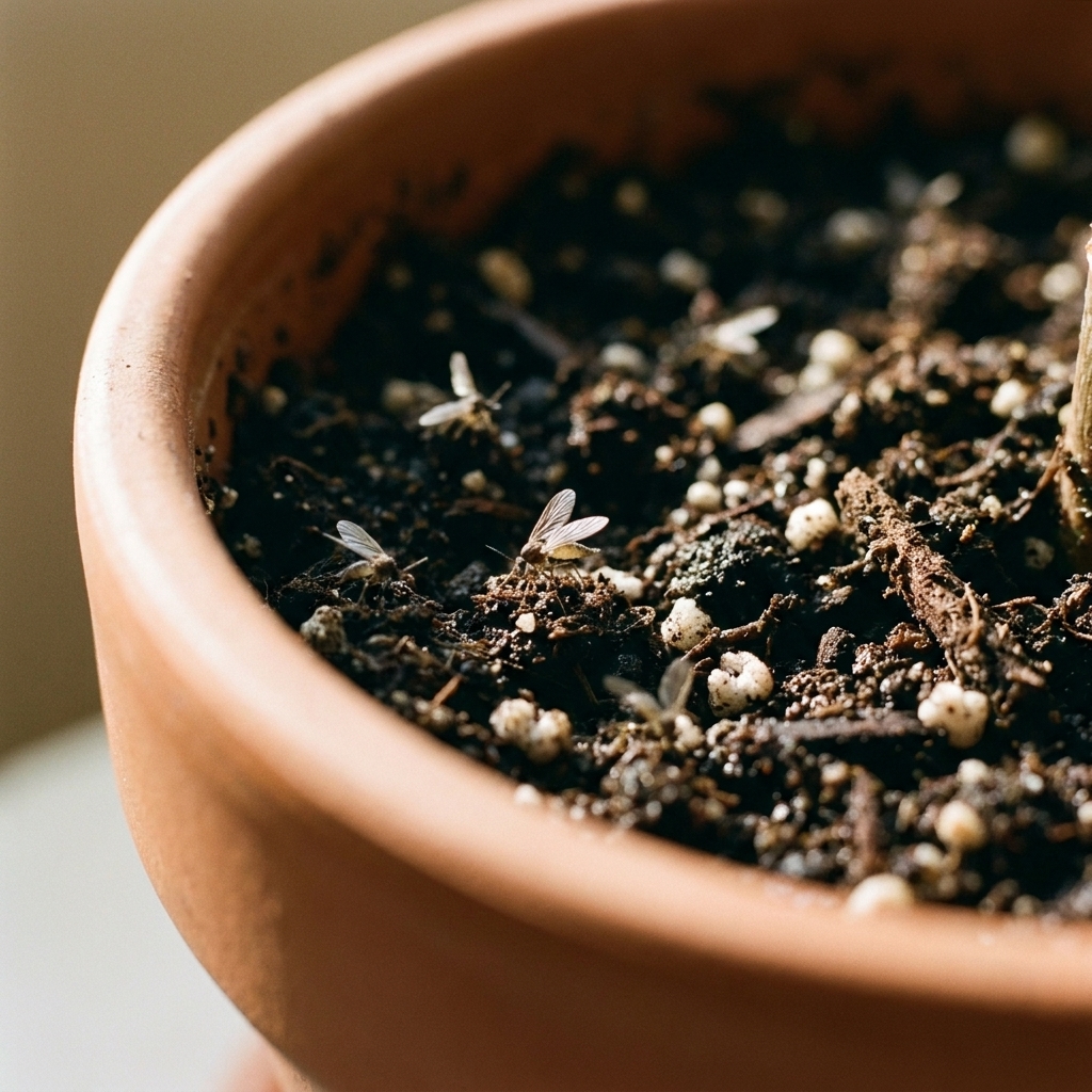 A close view of potting soil in a houseplant pot with a few small fungus gnats visible near the surface