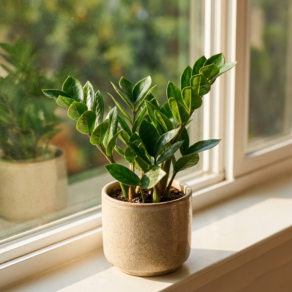 A compact Zenzi ZZ plant with curled leaflets in a small ceramic pot on a bright indoor windowsill