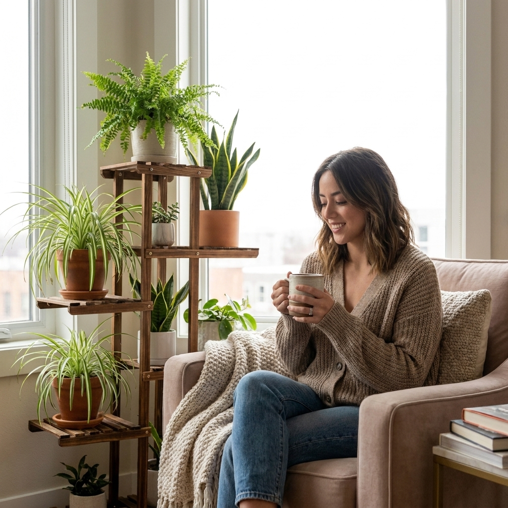 A cozy apartment corner with a plant stand positioned several feet from a large window, receiving bright ambient light but no direct sun rays