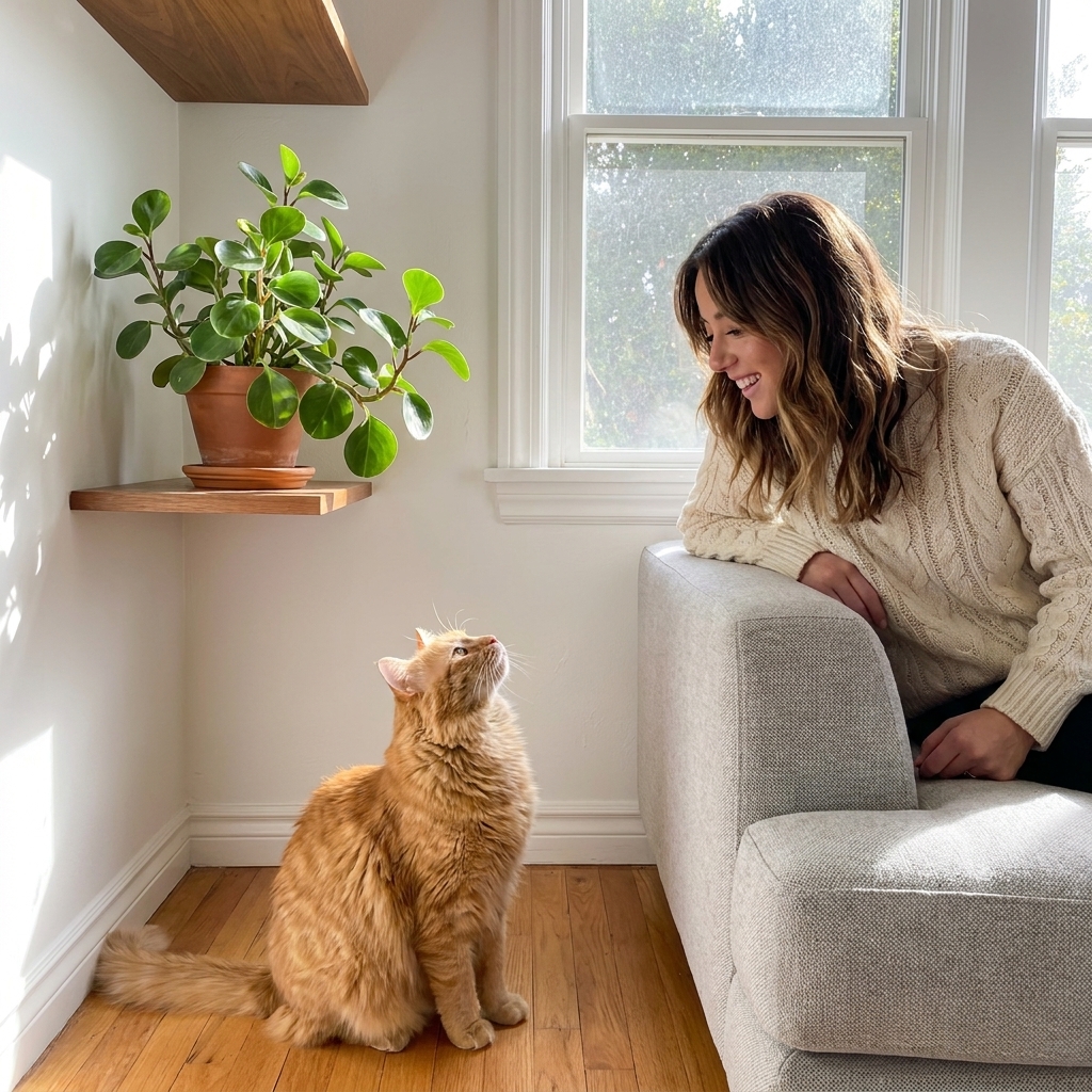 A curious cat sitting on the floor looking up at a Peperomia obtusifolia on a high wall shelf in a bright living room