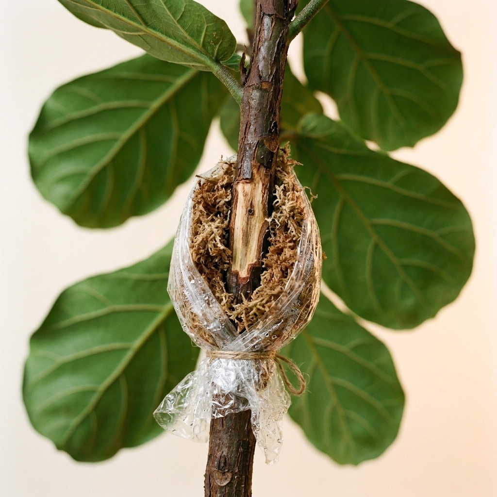 A fiddle leaf fig stem with a small ring of bark removed and damp sphagnum moss wrapped around the wound under clear plastic