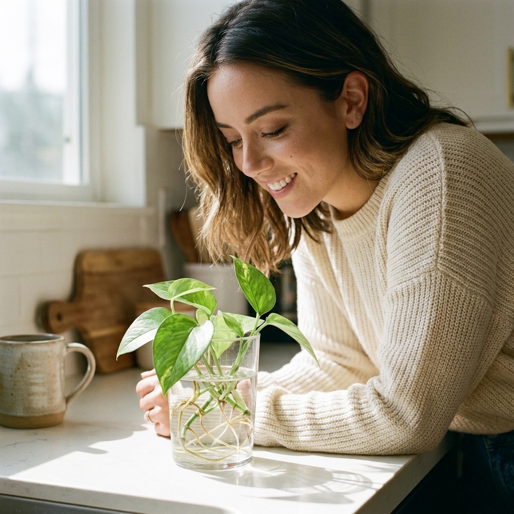 A fresh pothos cutting rooting in a clear glass of water on a sunny countertop