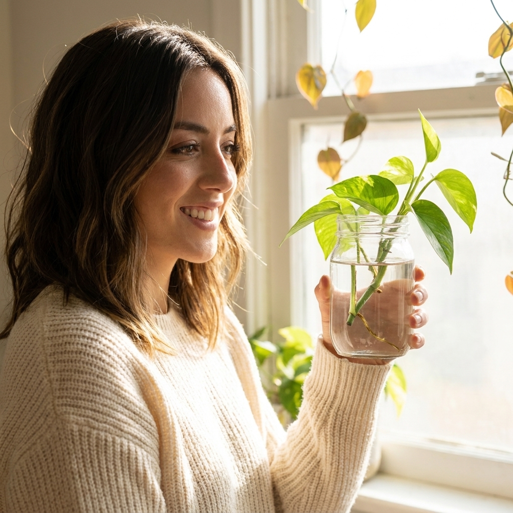 A fresh pothos cutting with a visible node placed in a clear glass jar of water on a bright windowsill