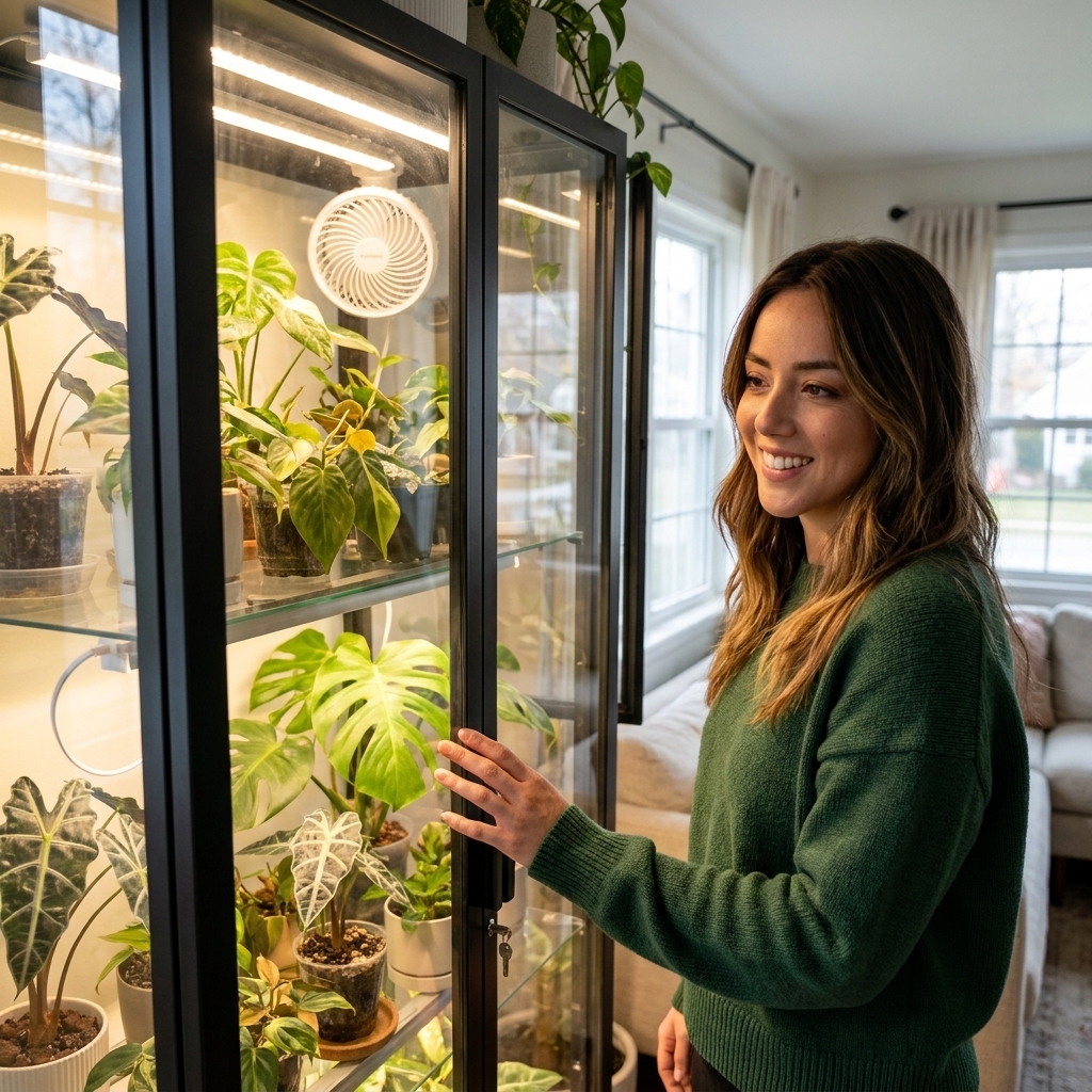 A glass-front indoor greenhouse cabinet filled with tropical houseplants on shelves, with a small fan and soft grow lights illuminating the leaves