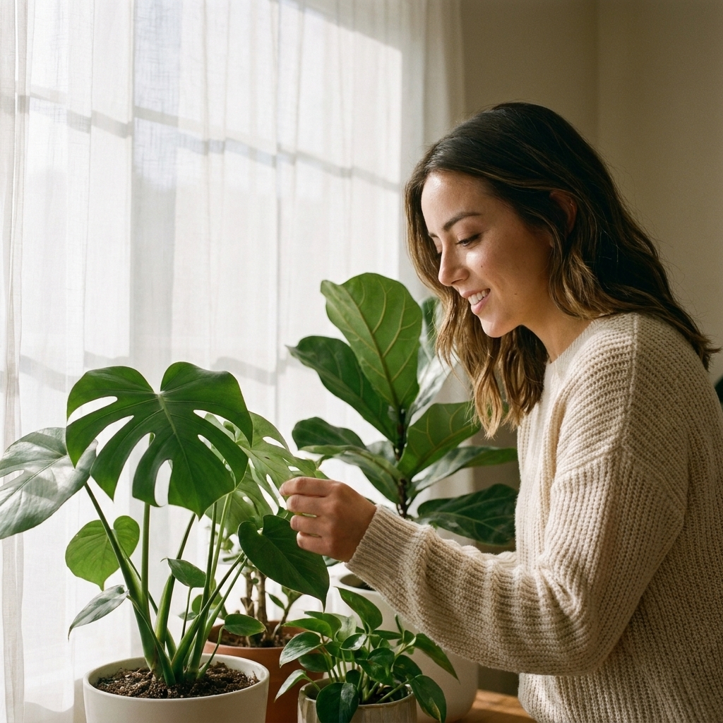 A group of houseplants sitting near a bright window filtered by a sheer curtain, with soft light falling on their leaves