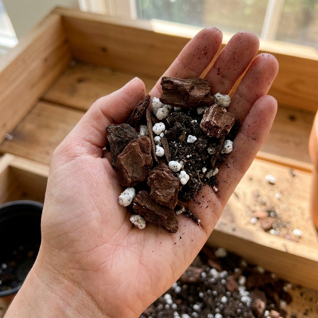 A hand holding a chunky aroid potting mix with visible orchid bark pieces, perlite, and dark potting soil