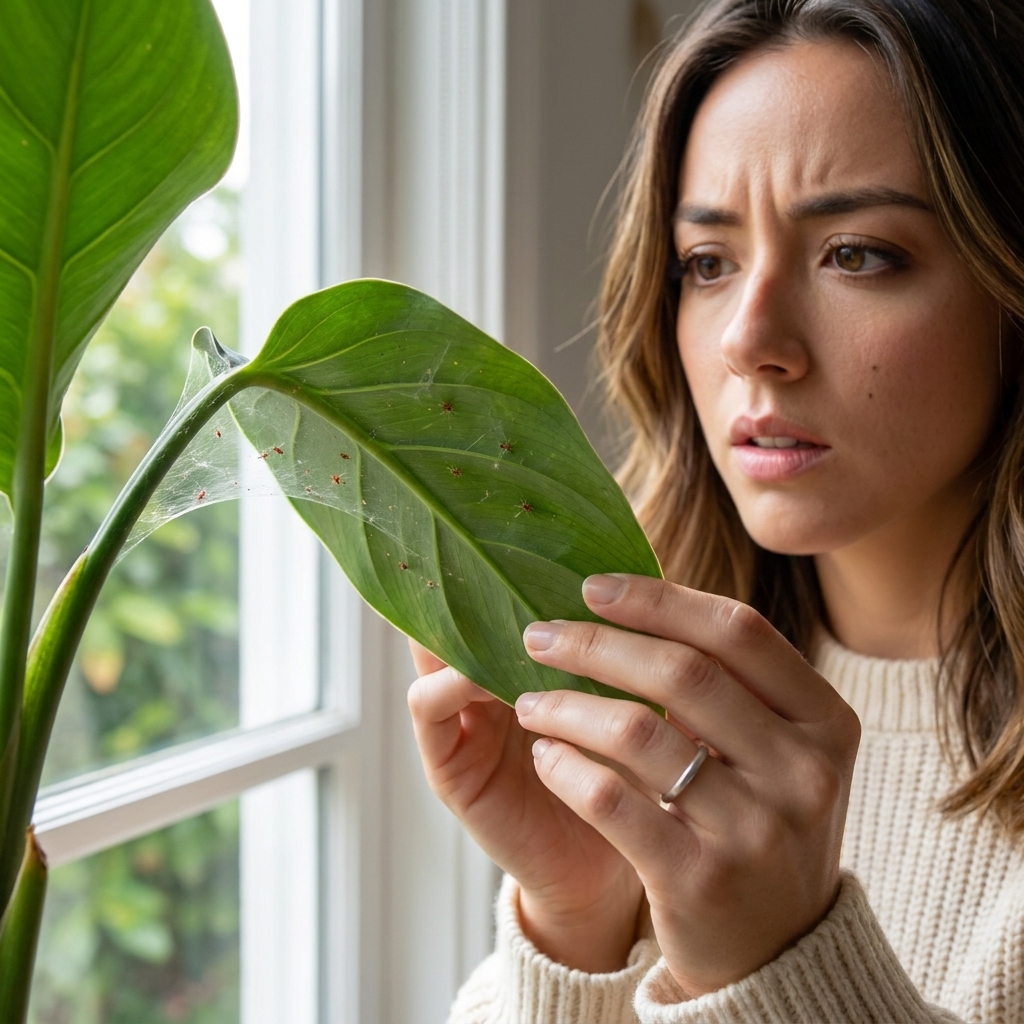 A hand holding a green houseplant leaf to show the underside near a window, with fine webbing visible along the veins