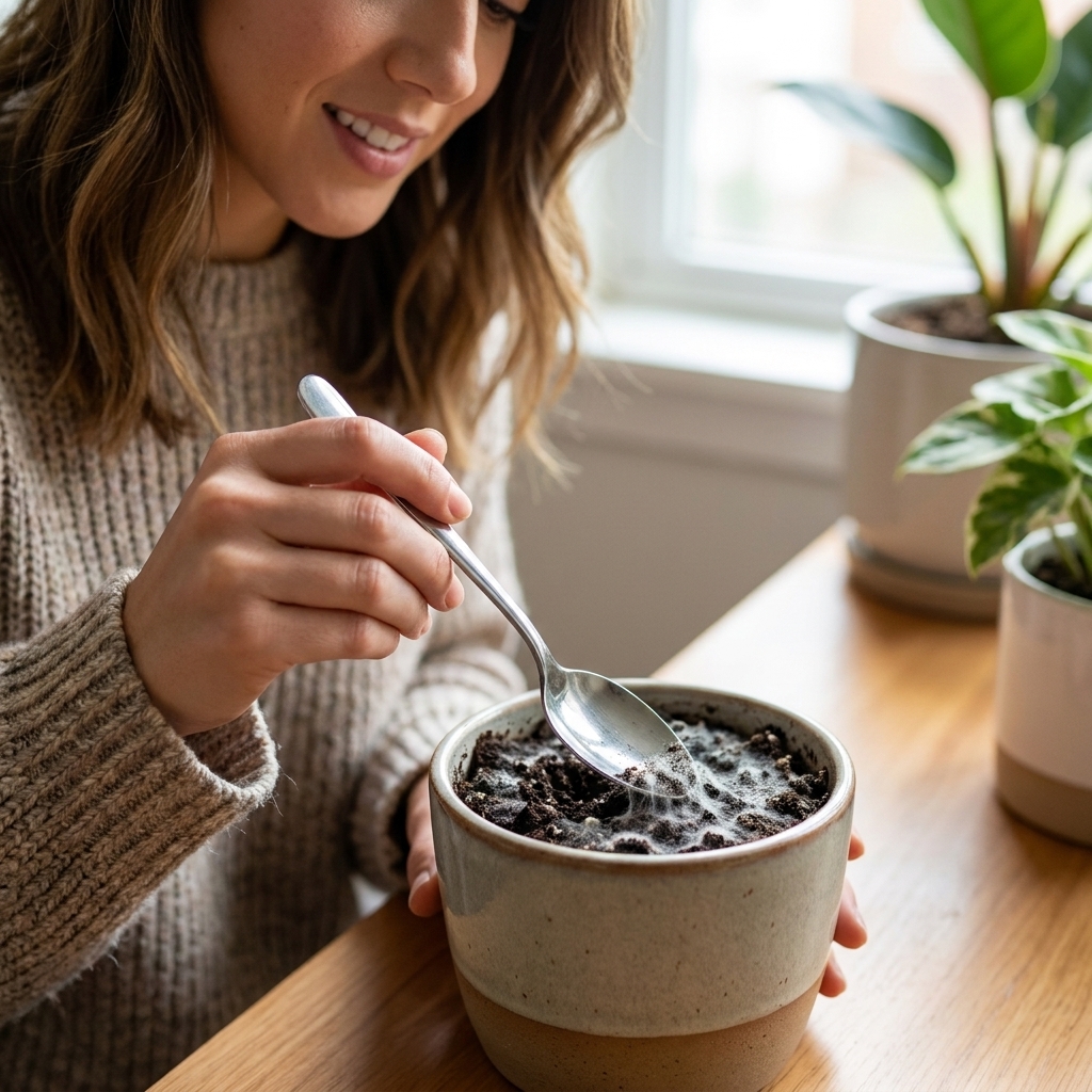 A hand holding a spoon gently scooping a thin layer of white fuzzy mold from the surface of potting soil in a small indoor plant pot