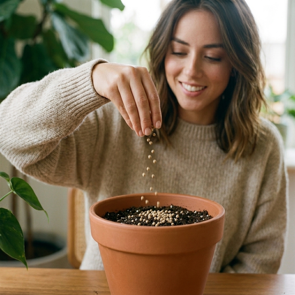 A hand sprinkling slow-release fertilizer pellets evenly across the surface of potting mix in a medium indoor plant pot
