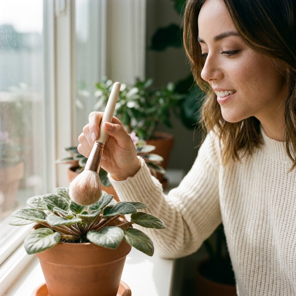 A hand using a soft makeup brush to dust the fuzzy leaves of an African violet on a windowsill