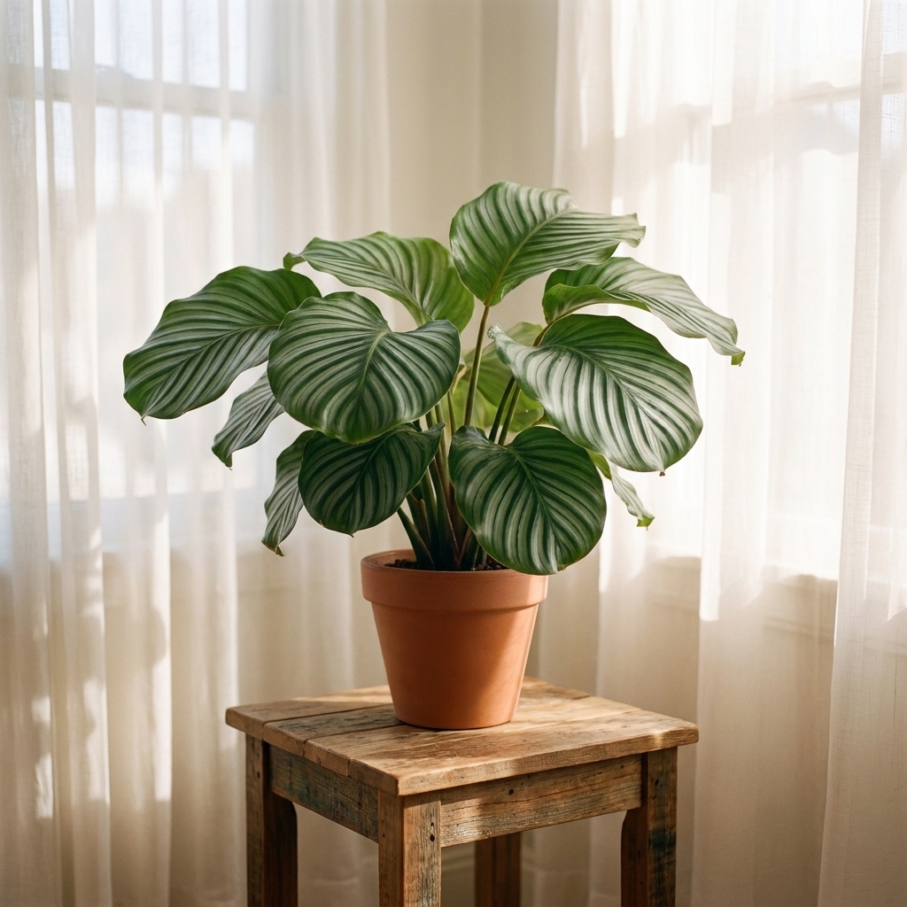 A healthy Calathea orbifolia with wide striped leaves sitting on a small table near a bright window with sheer curtains
