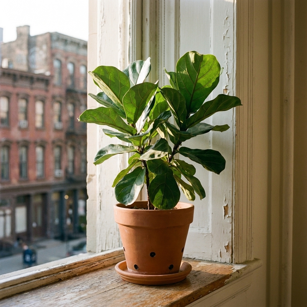 A healthy leafy houseplant in a pot with drainage sitting on a bright apartment windowsill with soft morning light