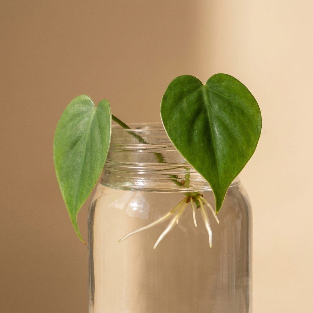 A heartleaf philodendron cutting with two leaves and fresh white roots resting on the rim of a glass jar filled with water