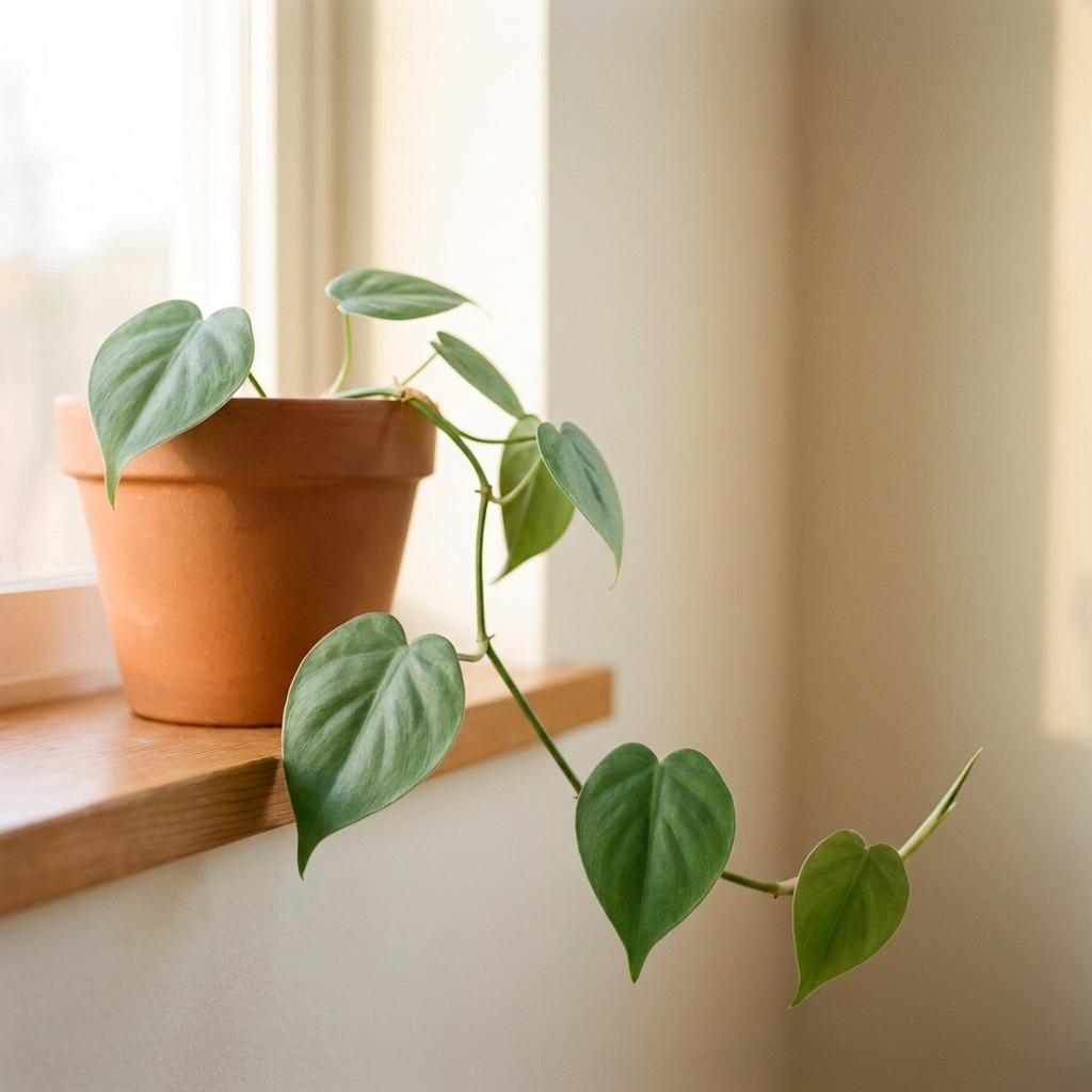A heartleaf philodendron with several matte green heart-shaped leaves on a slender vine near a window
