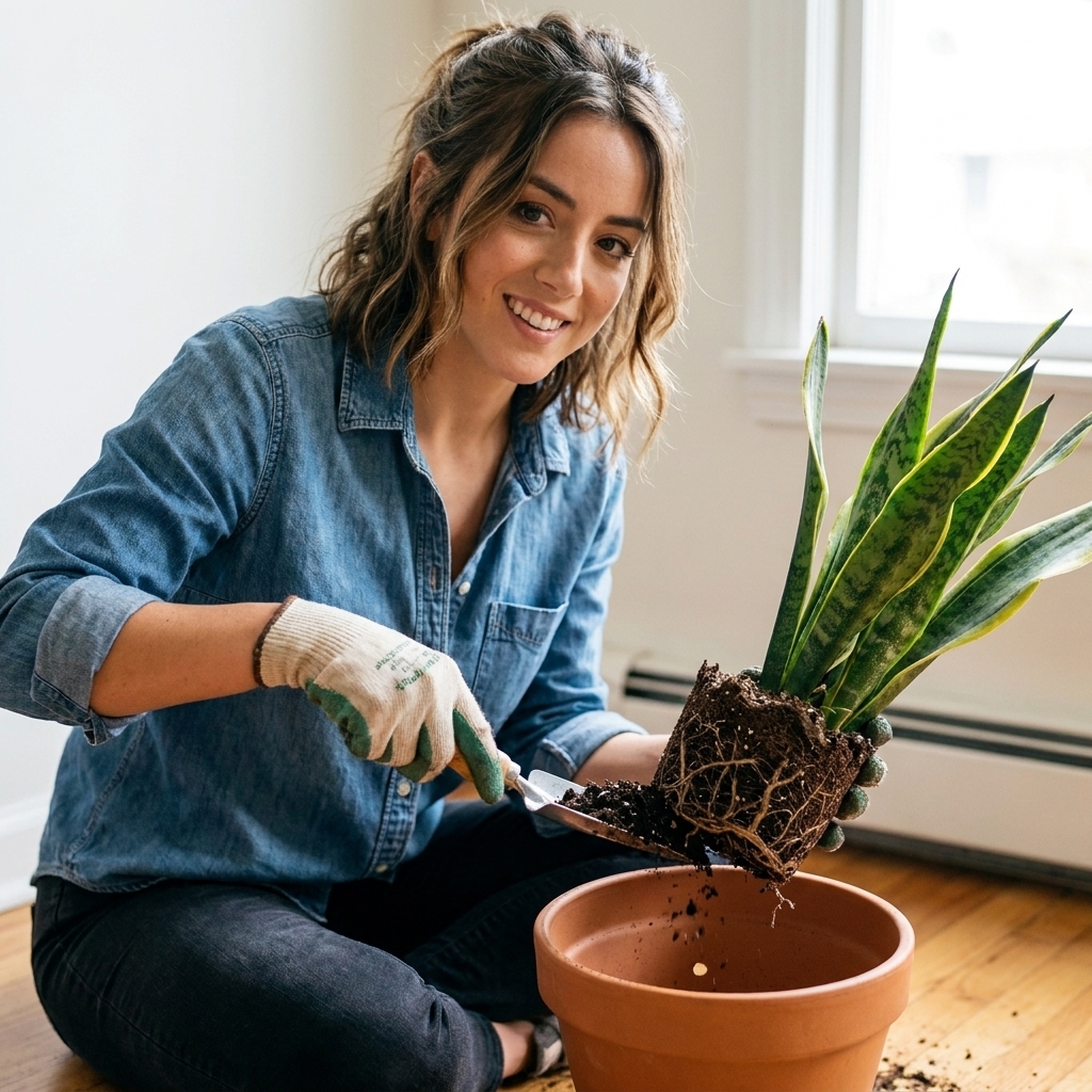 A houseplant being placed into a terracotta pot with a visible drainage hole while fresh potting mix is added around the root ball