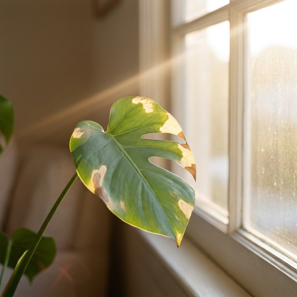 A houseplant leaf showing pale yellow sunburn patches near a sunny window, with light streaming through glass