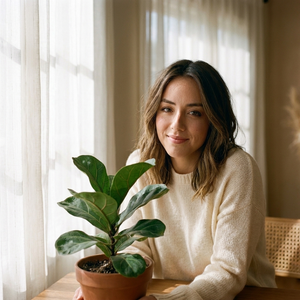 A houseplant on a table near a window with sheer white curtains, where the sunlight is diffused and no direct rays hit the leaves