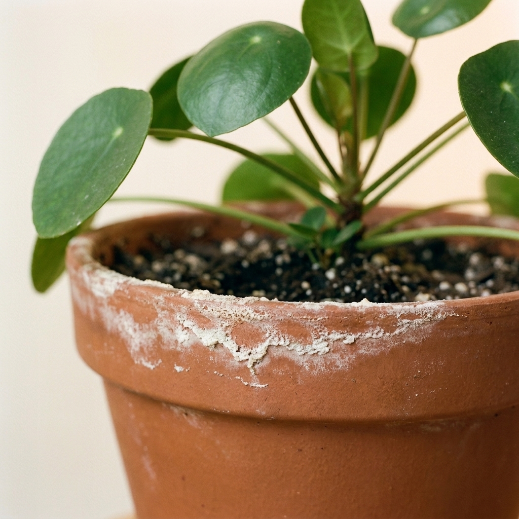 A houseplant pot showing a white mineral crust on the soil surface near the rim