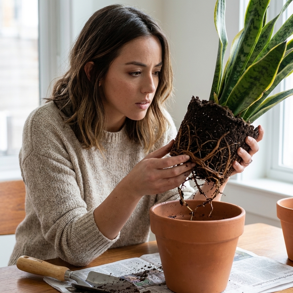 A houseplant removed from its pot on a table, with visible roots and damp soil, showing a realistic root inspection for winter overwatering problems