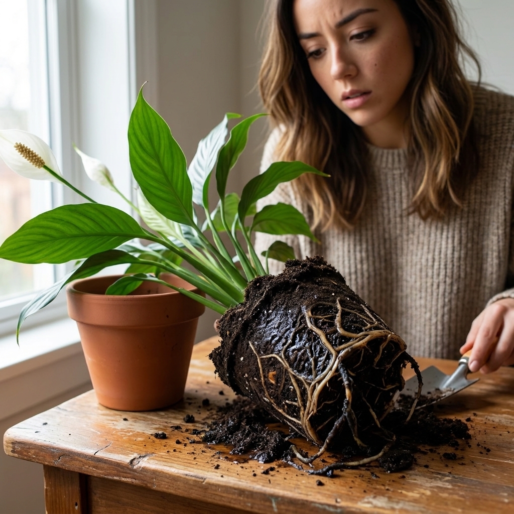 A houseplant removed from its pot showing dark mushy roots and wet potting soil on a tabletop, natural indoor light
