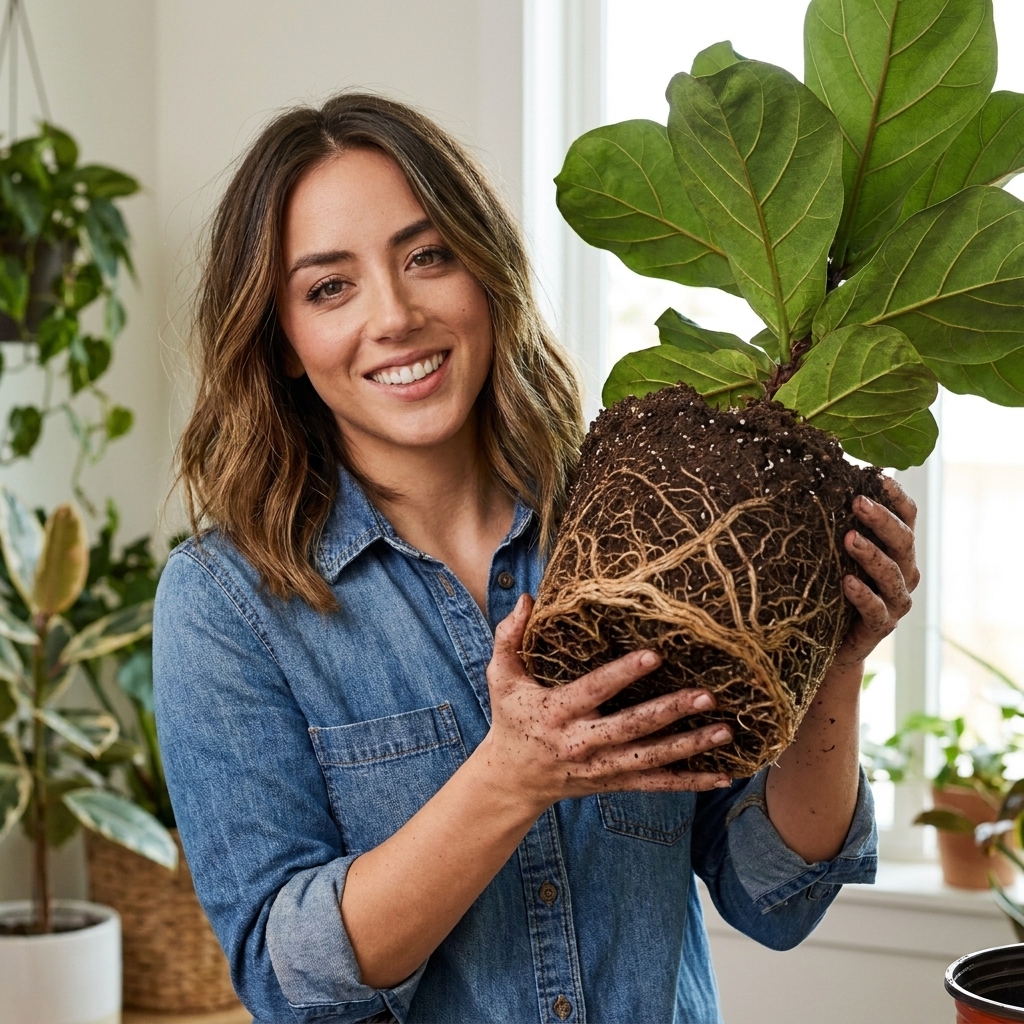 A houseplant removed from its pot showing tightly circling roots wrapping around the root ball