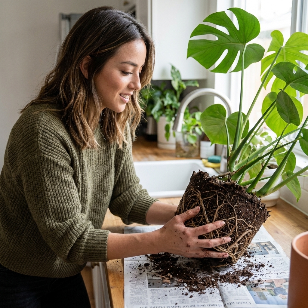 A houseplant removed from its pot with roots exposed on a newspaper, showing a person gently inspecting roots near a kitchen counter