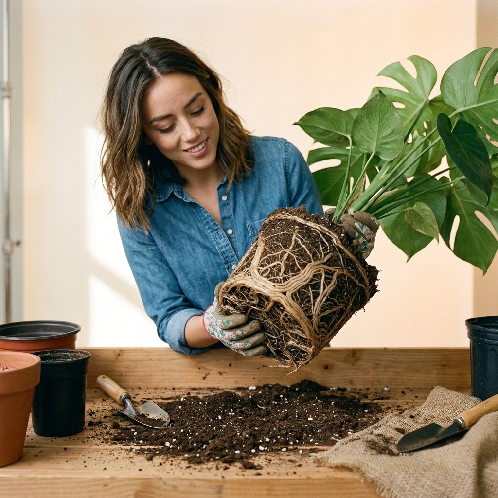 A houseplant root ball on a potting bench with thick roots circling tightly around the outside of the soil