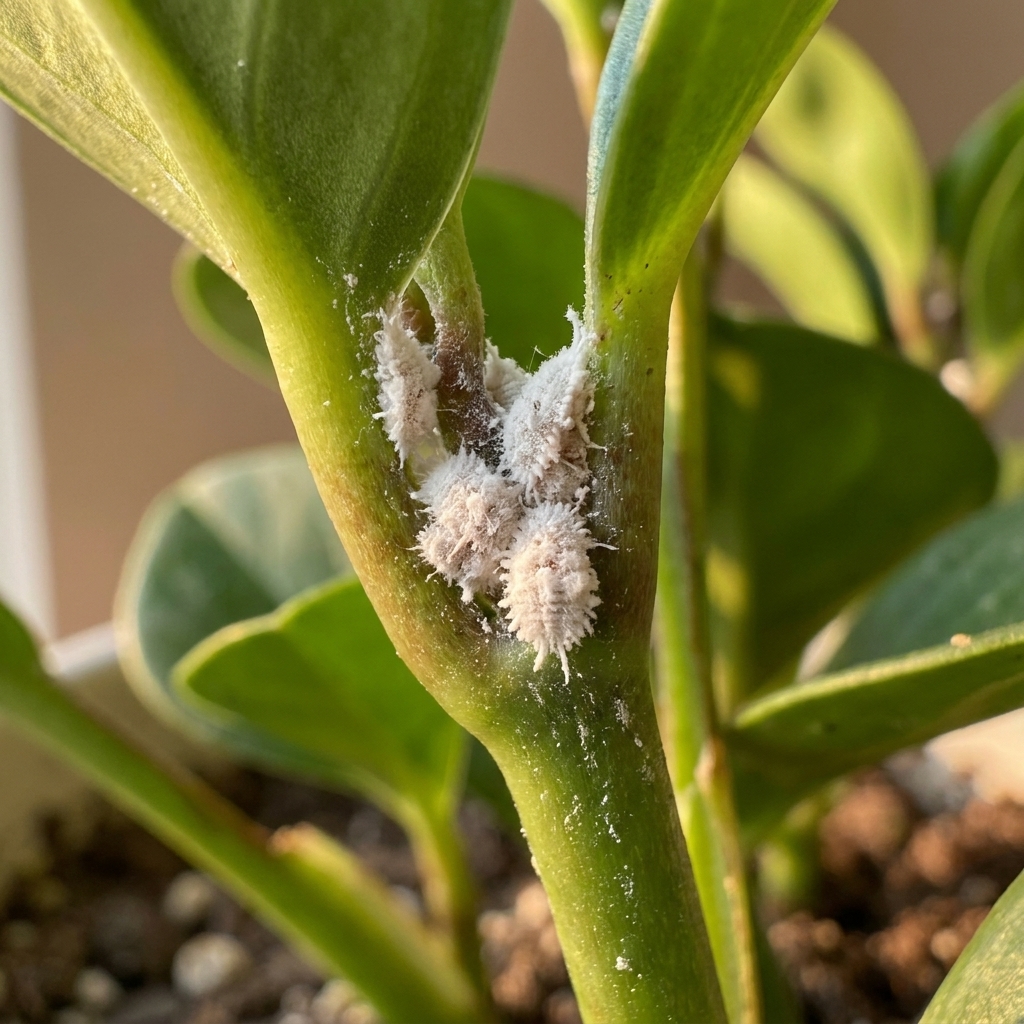 A houseplant stem junction showing several white cottony mealybugs clustered in the crevice