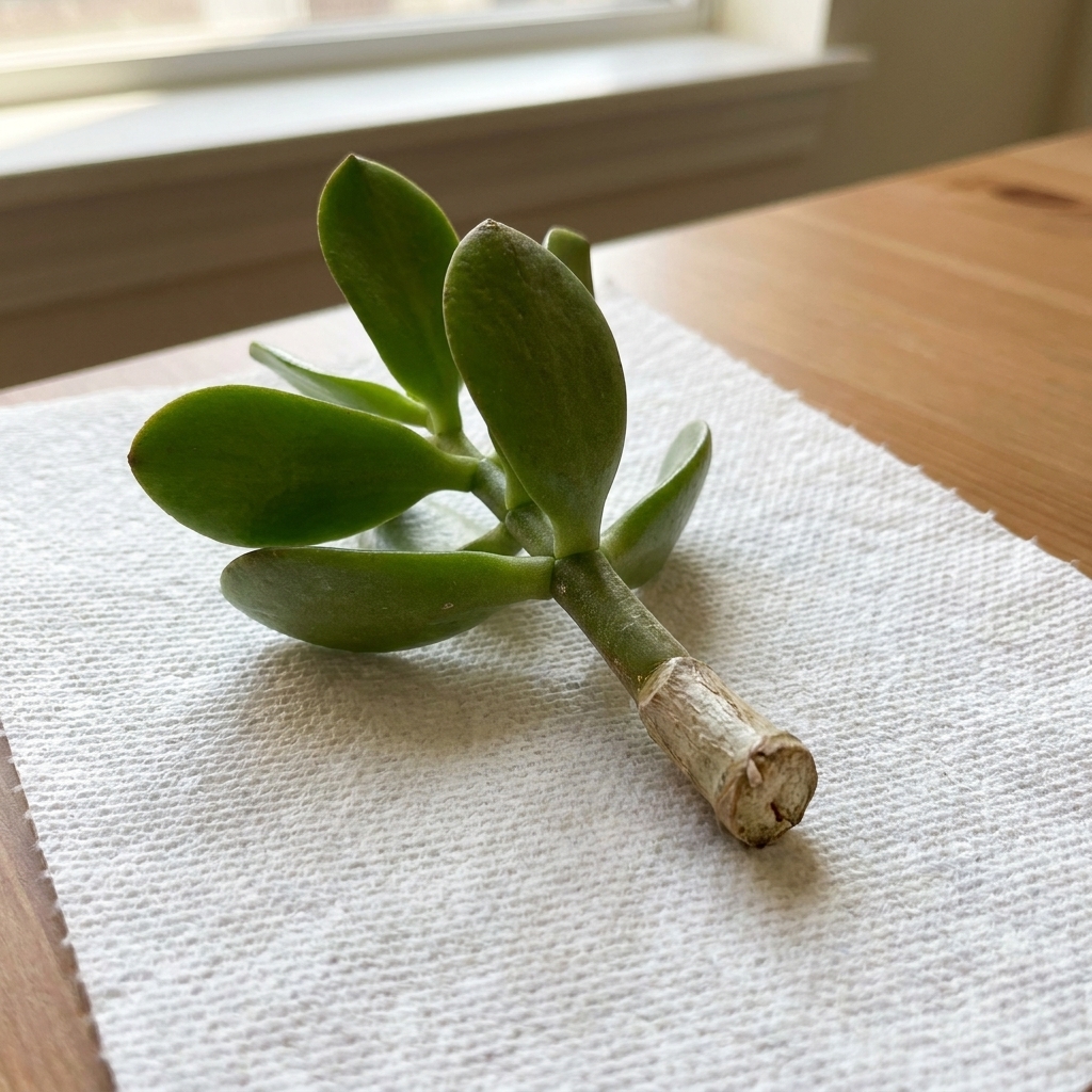 A jade plant stem cutting resting on a dry paper towel, with the cut end drying before planting