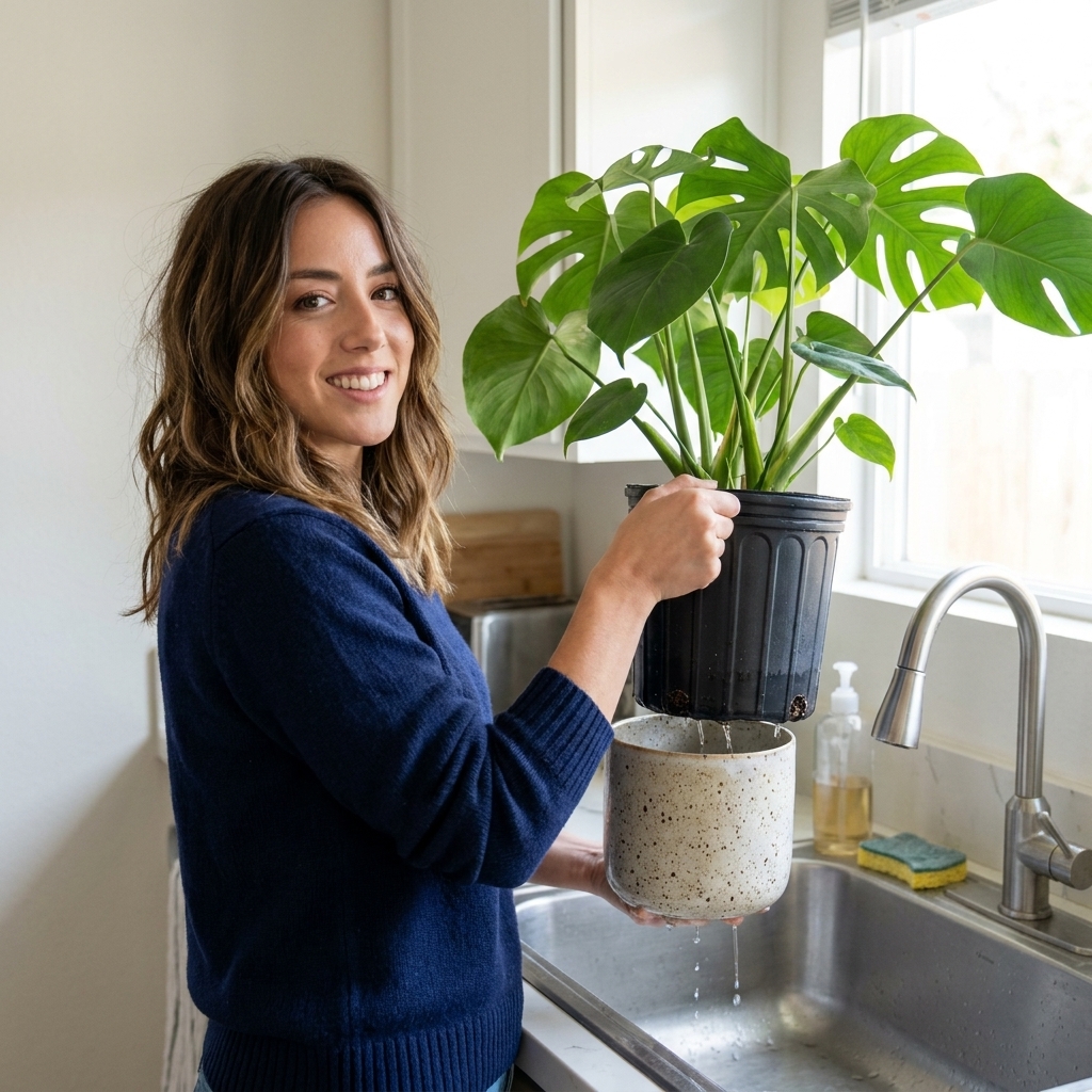 A leafy houseplant in a black plastic nursery pot being lifted out of a decorative ceramic cachepot over a kitchen sink to drain