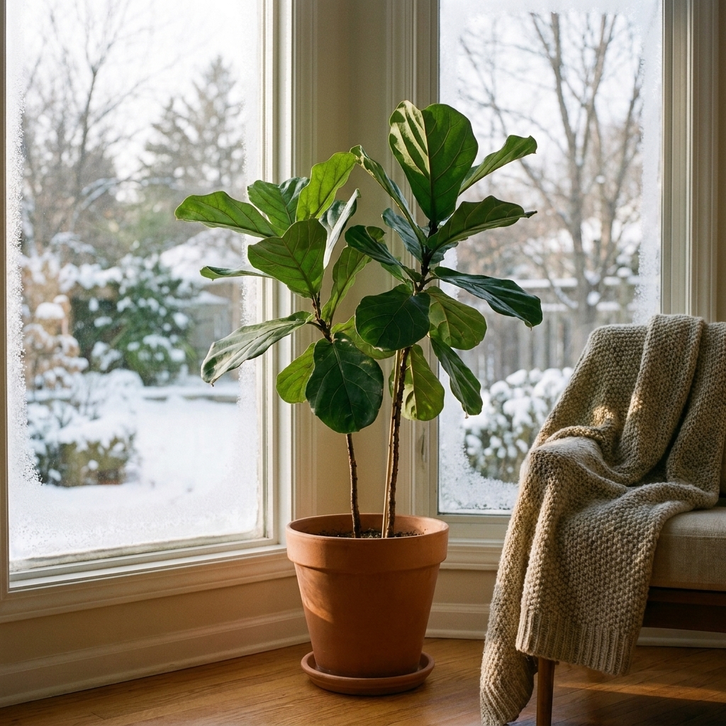 A leafy houseplant sitting a few inches away from a window on a winter day, with soft natural light coming in