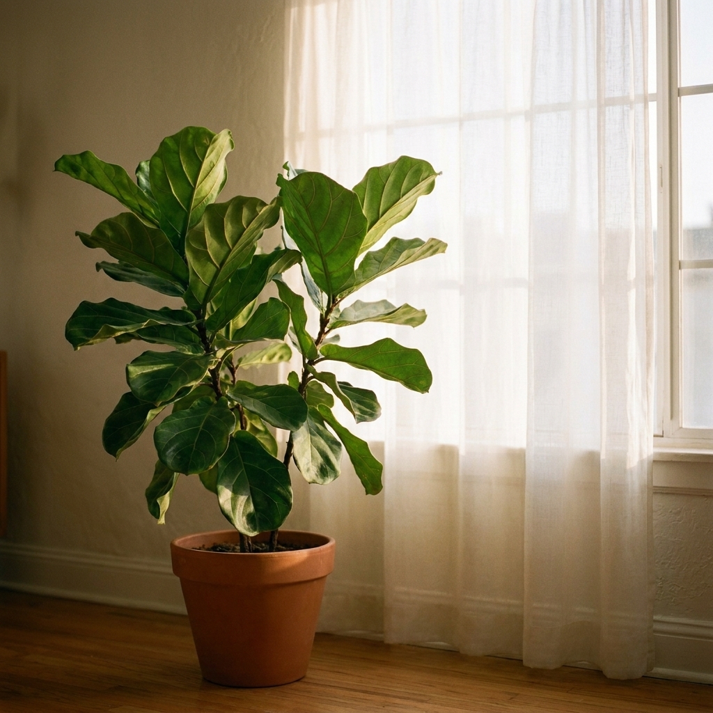 A leafy indoor houseplant placed a few feet from a bright window with a sheer curtain diffusing the sunlight