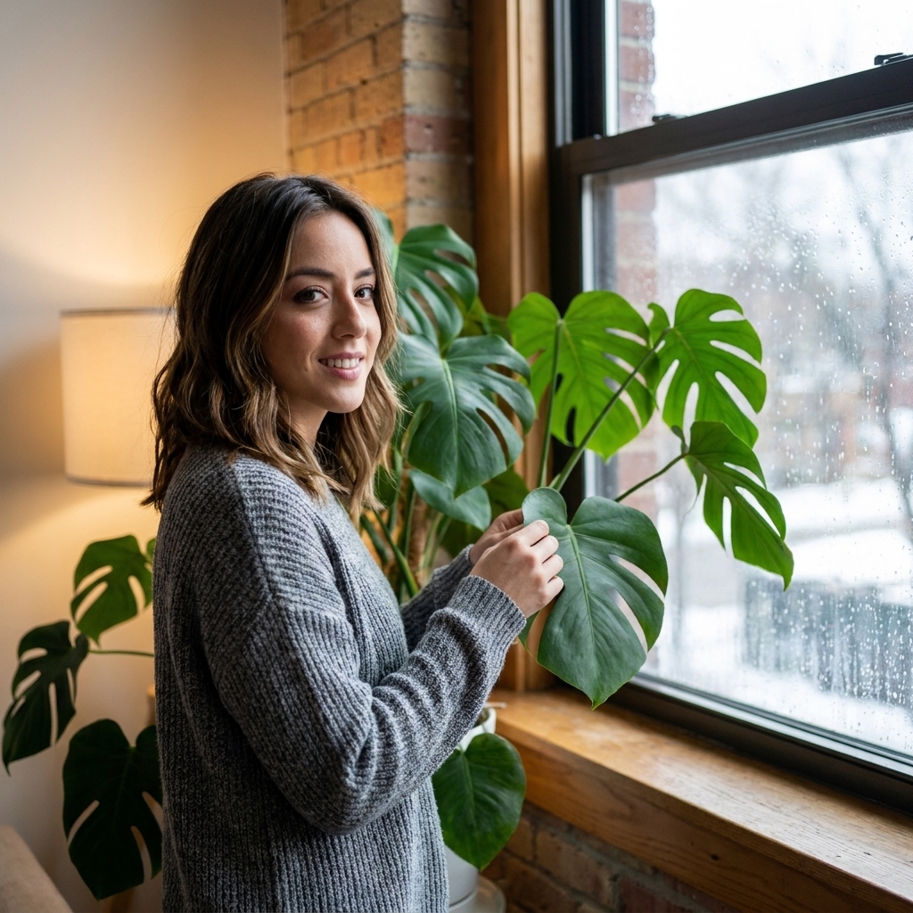 A leafy indoor plant sitting close to a window with winter condensation on the glass, soft indoor lighting