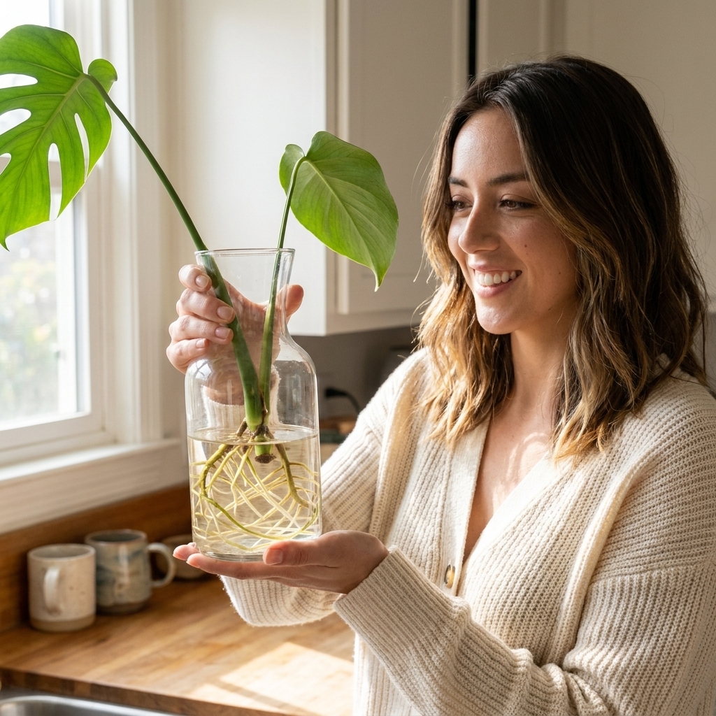 A monstera cutting rooted in a clear vase of water, showing several pale roots branching from a submerged node on a kitchen counter in natural daylight